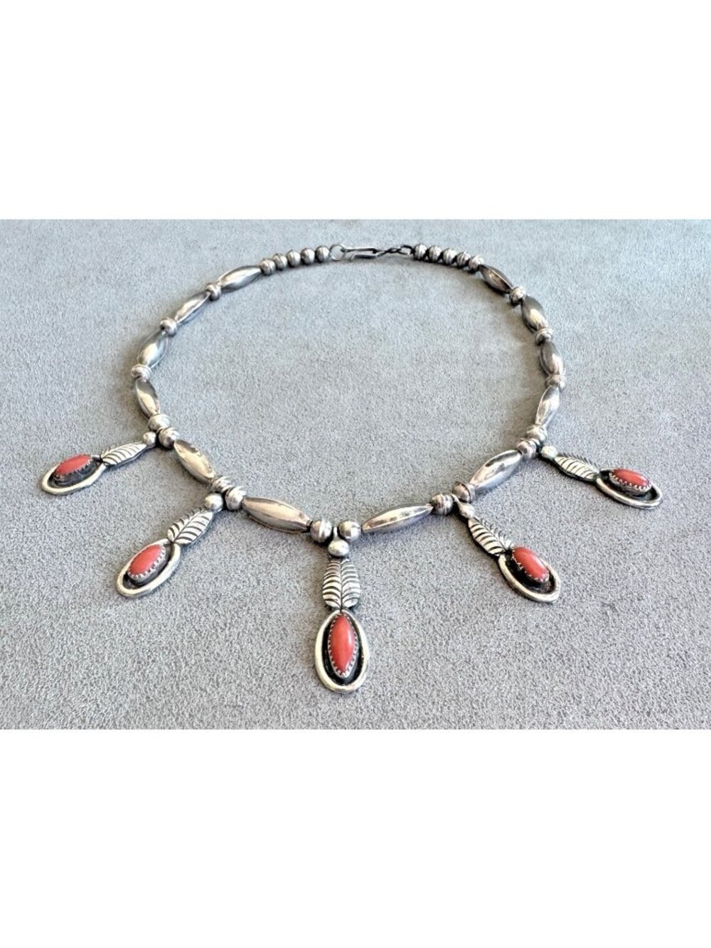 Vtg ALFRED LONG Navajo STERLING Silver +RED CORAL NECKLACE Melon Bench Beads 16"